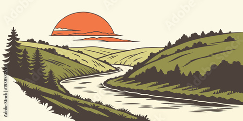 A serene landscape with a winding river and a vibrant sunset over rolling hills Vector