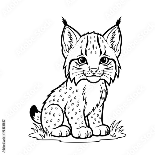 Adorable cartoon lynx kitten sitting on grass in a cute black and white vector graphic illustration