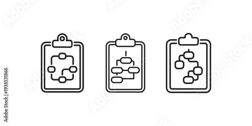 Organization chart on clipboard icon set for company hierarchy and workflow planning representing structural management and data mapping for professionals
