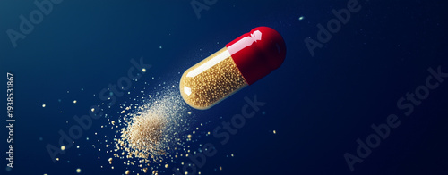 Golden Granule Capsule Spilling Red and Gold Supplement Pills in Abstract Pharmaceutical Concept