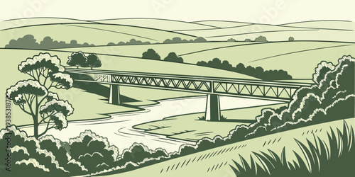 A detailed illustration of a rural landscape with a river and various structures. Vector