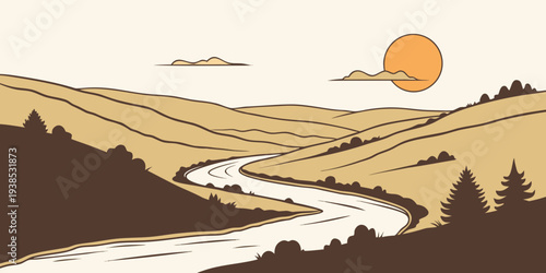 A serene landscape with a winding river and a setting sun Vector