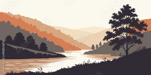 A serene landscape with a calm river flowing through a valley surrounded by mountains Vector