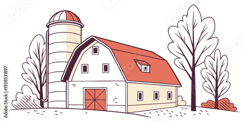 A charming red and white house with a steep roof nestled among bare trees Vector