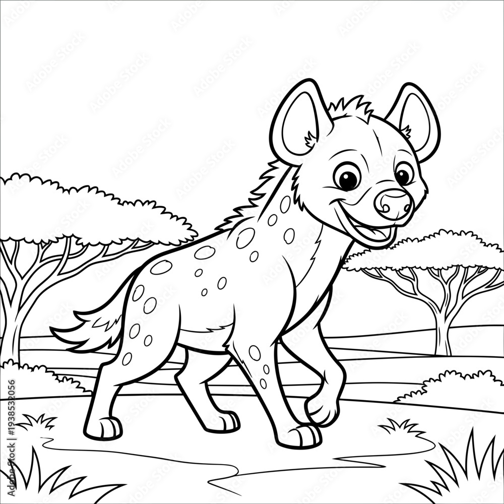 Fototapeta premium Spotted hyena cartoon character standing in a natural outdoor setting with trees and grass in a simple vector graphic illustration