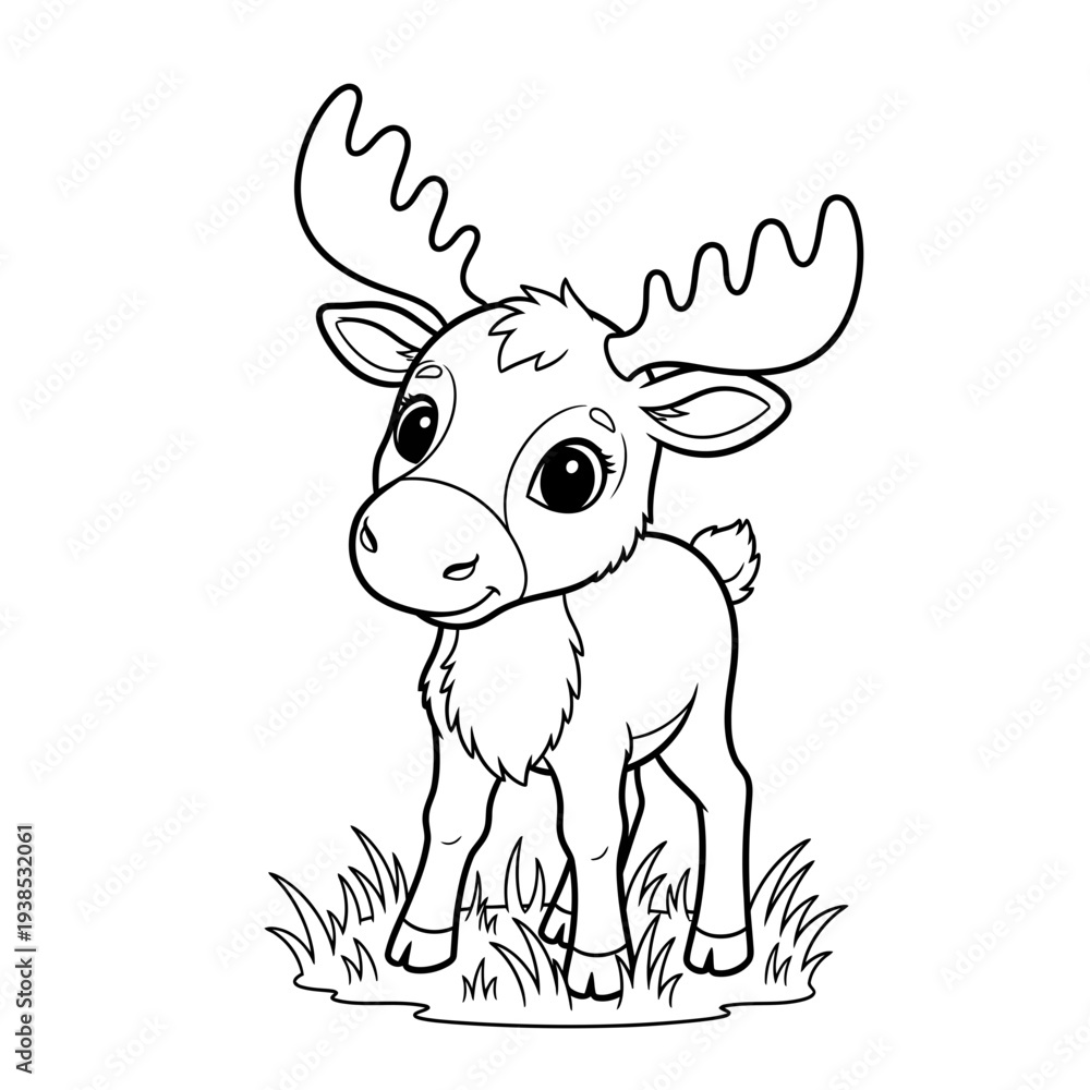 Fototapeta premium Adorable cartoon moose standing in grass with big eyes and large antlers in a simple vector illustration design