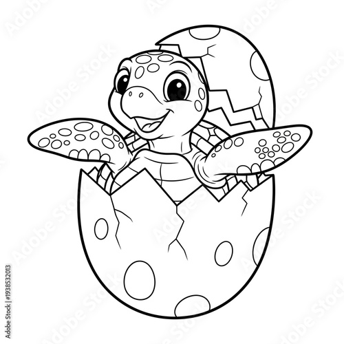 Adorable cartoon sea turtle hatching from eggshell with spotted flippers and smiling face in a simple black outline vector graphic illustration.