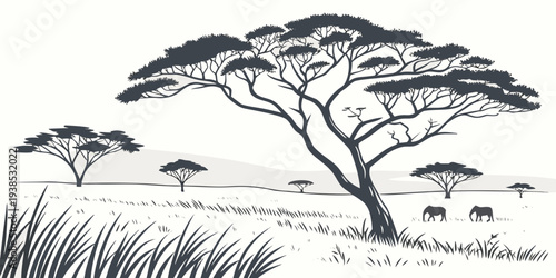 A serene landscape with a lone baobab tree and a flock of birds in flight Vector