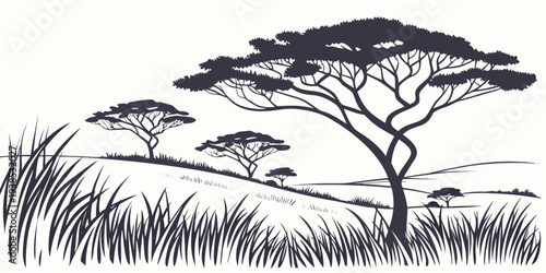 A solitary tree stands tall in a vast grassy plain under a clear sky Vector