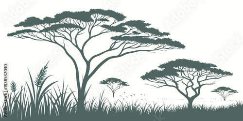 A serene landscape featuring a group of baobab trees in the savannah Vector