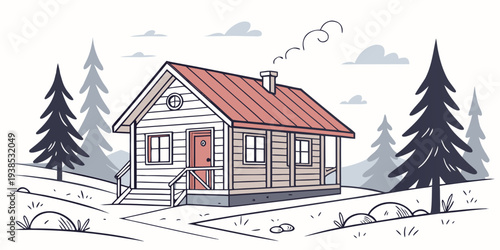 A charming winter scene of a house with a car in the driveway and a bird in the sky Vector