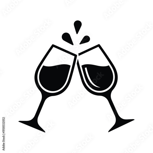 Wine Glasses Clinking Vector Illustration - Minimalist Black and White Toast Icon for Celebration