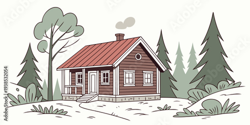 A charming cabin nestled in the woods with a cozy porch and surrounding trees Vector
