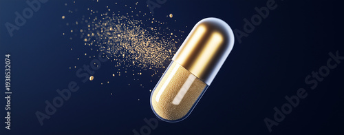 Golden Capsule Filled With Shimmering Sand Particles Floating on Dark Background, Luxury Medicine Concept