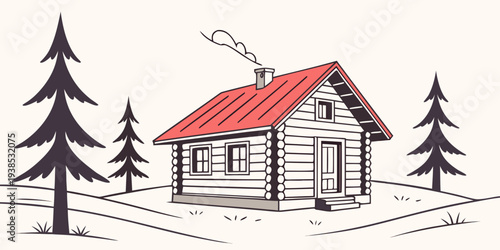 A charming wooden cabin nestled in the heart of a serene forest landscape Vector
