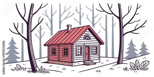 A charming cabin nestled in the woods during a snowy winter day Vector