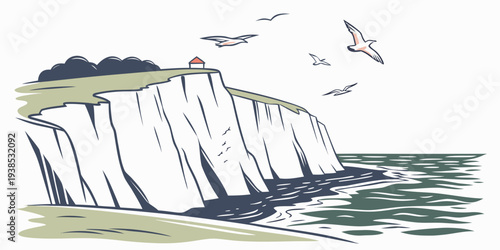 Seagulls flying over a rocky coastline during sunset Vector