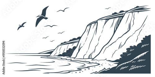 A dramatic seascape with steep cliffs and flying birds in the background Vector
