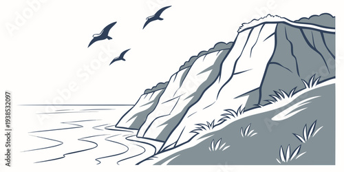 A serene landscape of snow-covered mountains with birds flying in the distance Vector