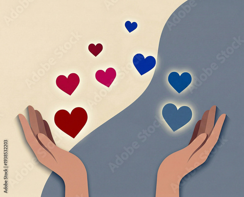 two hands releasing warm and cool hearts into a shared space of soft color and quiet emotional symmetry