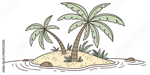 Tropical island paradise with palm trees and a small boat in the foreground Vector