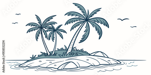 Three palm trees on a small island surrounded by water in a minimalist style Vector