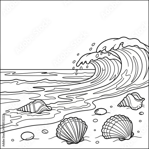 Ocean wave crashing on the beach with seashells in the sand vector illustration for coloring or graphic design