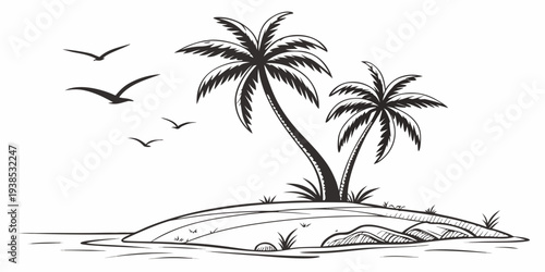 Three birds flying over a small island with two palm trees Vector