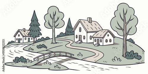 A picturesque village nestled in a valley with lush greenery and a winding river. Vector