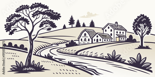 A serene countryside landscape with houses and trees under a clear sky Vector