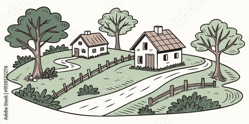 A serene rural landscape with houses nestled among lush green trees and rolling hills. Vector