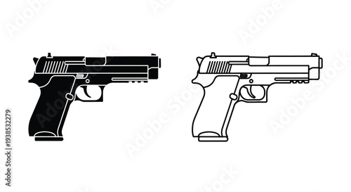 Two handgun illustrations one black and one white detailed silhouette