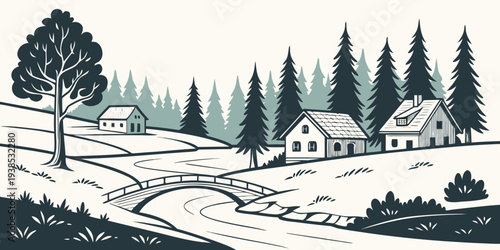 A serene winter landscape with a winding road and dense forest on either side Vector