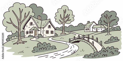 A serene countryside scene with a farmhouse, trees, and a small stream Vector