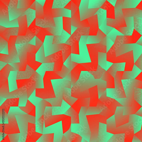 interlocking red‑green geometry creating a bold, tessellated rhythm with gradient depth and angular motion
