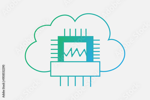 The image depicts a microchip or processor centered within a cloud outline. The processor features an internal pulse or frequency wave, symbolizing active data processing.