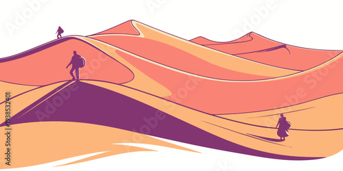 A vibrant illustration of two people hiking on a winding trail in a mountainous landscape Vector