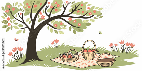 A serene picnic scene under a large, leafy tree with a basket and blanket. Vector