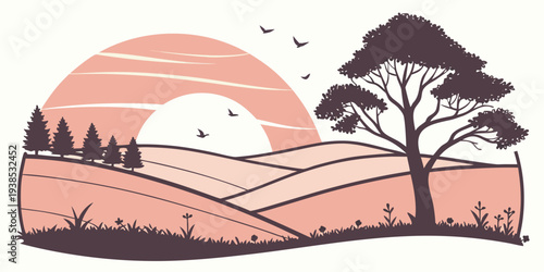 A serene landscape featuring a rolling hill, a tranquil lake, and a vibrant sunset Vector