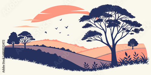 A serene sunset landscape with trees and a gentle rolling hill Vector