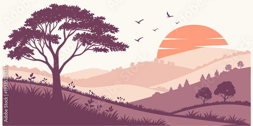 A serene landscape with a lone tree standing tall against a vibrant sunset sky Vector
