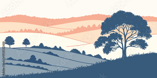 A serene landscape with rolling hills, trees, and a vibrant orange sky at sunset. Vector