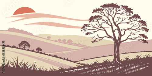 A serene scene of a lone tree standing tall in a vast, open landscape with rolling hills and a clear sky. Vector