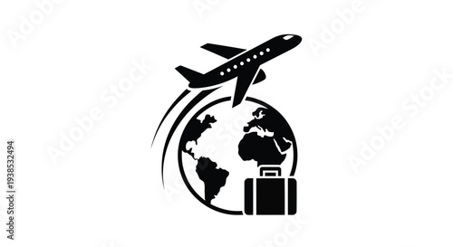 Airplane flying over the world with luggage a black silhouette