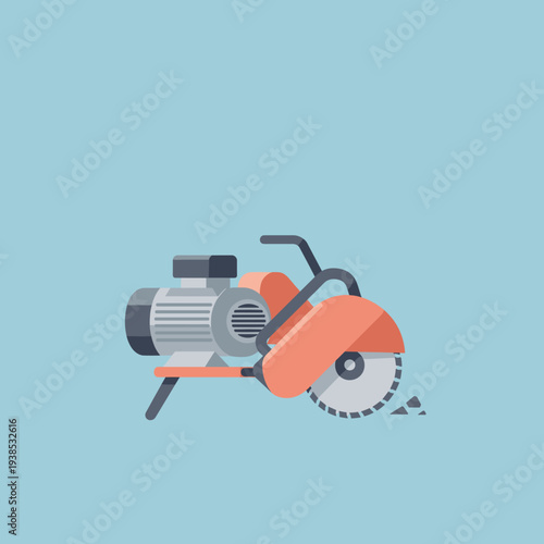 A flat design illustration of an industrial chop saw with a cutting blade and motor, showing debris from cutting.
