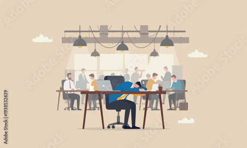 Quiet, exhaustion industrial burn out from hard work without recognition concept, unhappy businessman sleeping while working at busy workplace