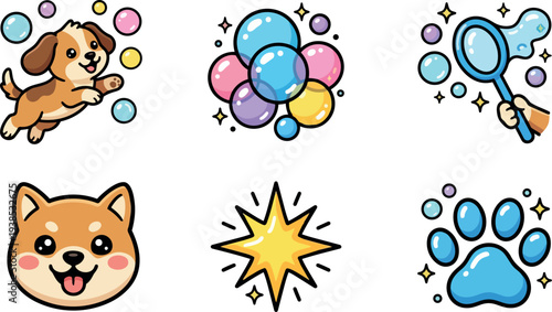 Cute sticker vector showing jumping brown puppy with bubbles and magnifying glass, smiling dog face, paw print, starburst, pastel tones