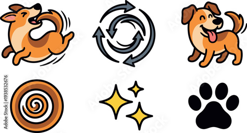 Cute cartoon vector set playful corgi like dog scratching tail and happy standing pose with paw icon and sparkle spiral arrows