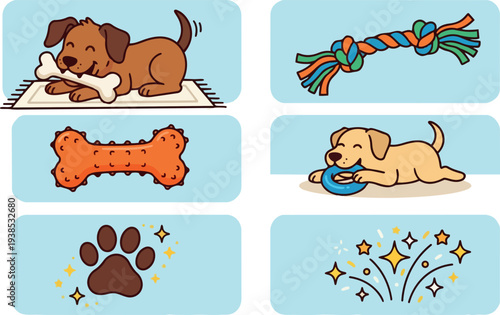 Flat design playful puppy icon set showing brown and cream puppies chewing bone and ring toys pawprint close up cheerful lighting