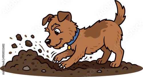 Whimsical kids doodle close up brown puppy digging energetically with paws in muddy soil looking down smiling playful outdoor daytime scene